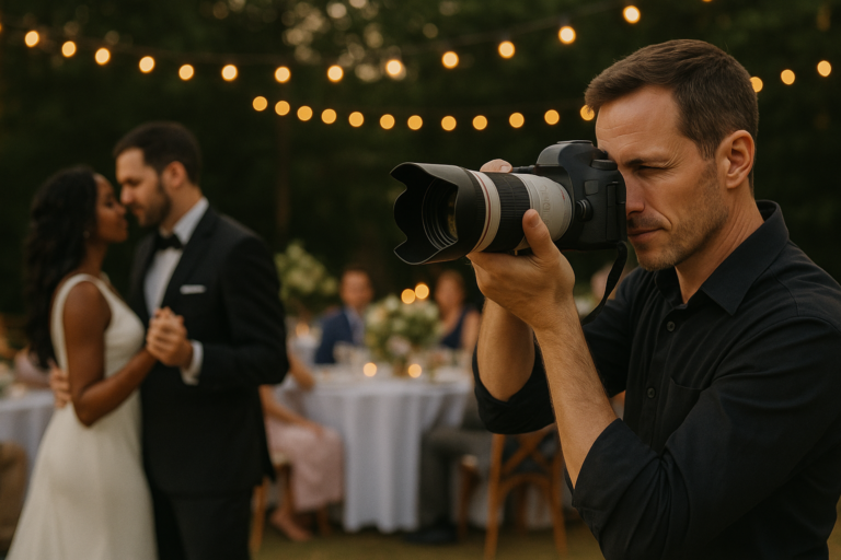 A photographer specializing in event photography captures a bride and groom dancing outdoors at a Frisco, Texas wedding reception, with string lights and guests in the background.