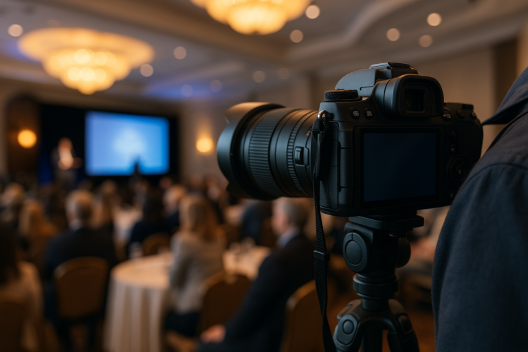 A camera on a tripod records a conference or seminar in Frisco, Texas, with an audience seated at round tables and a speaker presenting at the front of a large, well-lit room—capturing quality event photography.
