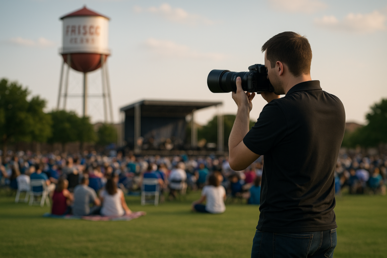 A local event photographer captures an outdoor gathering in Frisco, Texas, with a large seated crowd, a stage, and the iconic water tower labeled “Frisco” in the background.