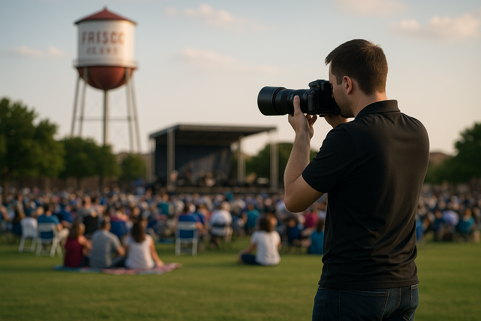 A local event photographer captures an outdoor gathering in Frisco, Texas, with a large seated crowd, a stage, and the iconic water tower labeled “Frisco” in the background.