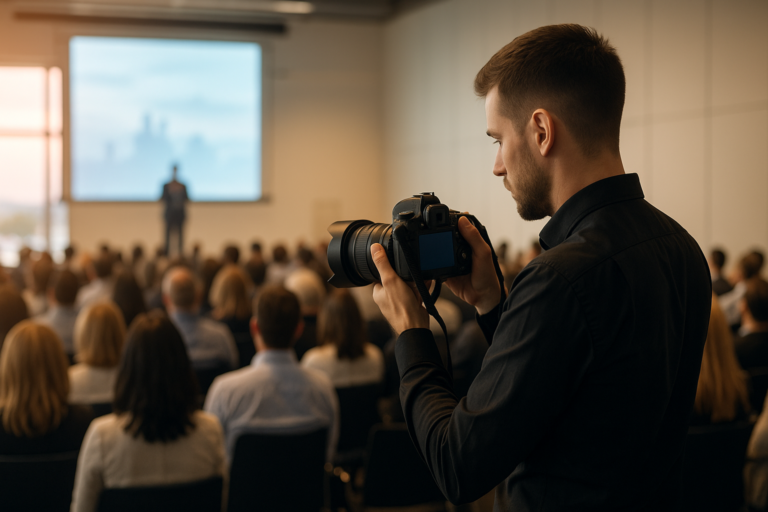 Experience event photography in Frisco as a photographer captures dynamic shots of a speaker presenting to an audience in a conference room with a large screen—showcasing exactly what to expect at professional events.