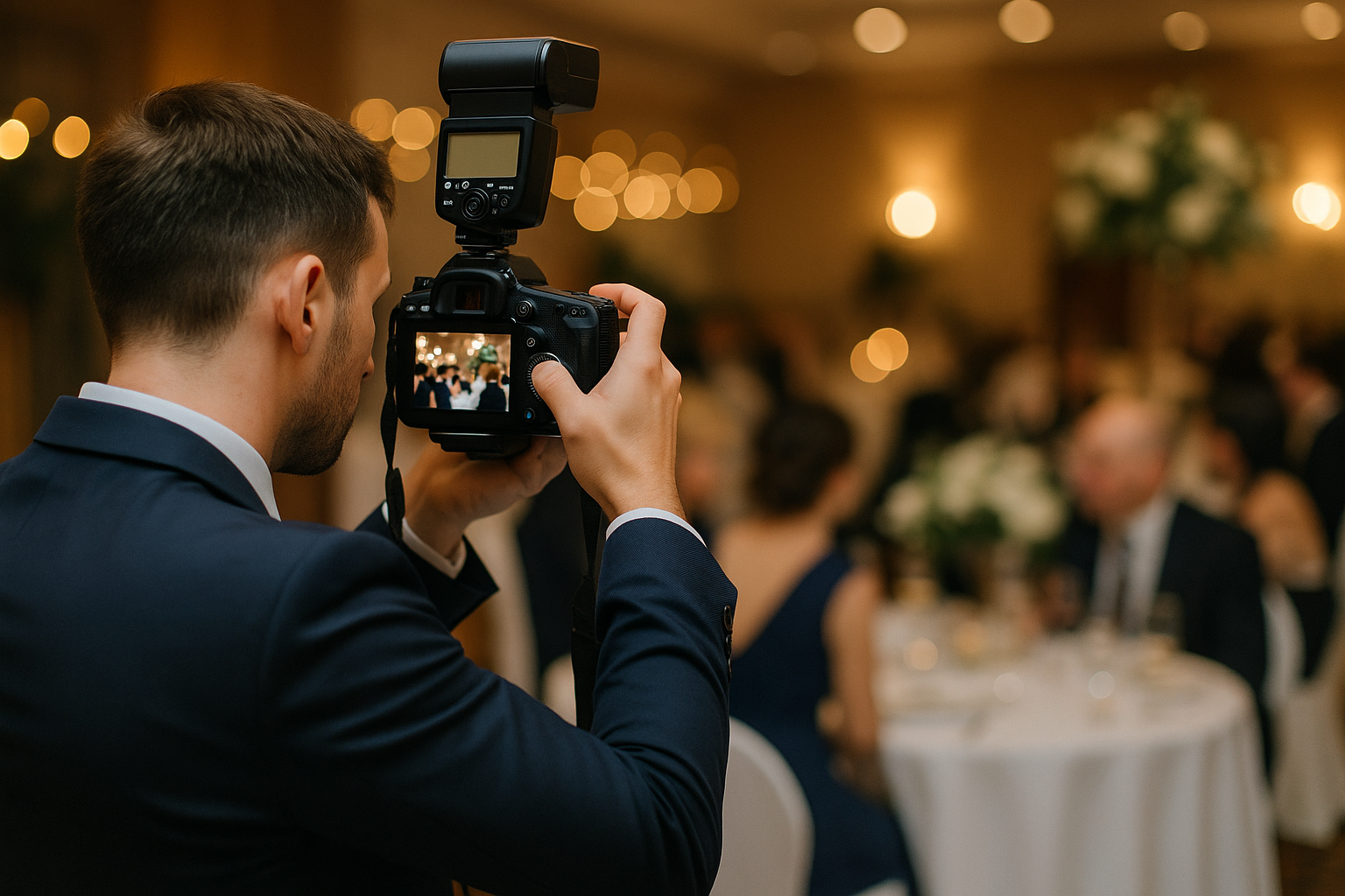 A man in a suit takes photos with a camera and flash at a formal Frisco event, capturing memories and showing how professional event photography can maximize investment for guests.