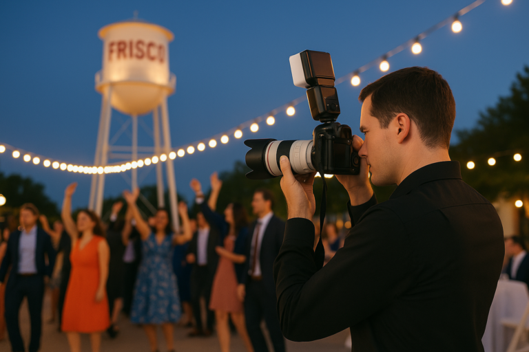 A photographer captures lively moments at a vibrant event in Frisco, Texas, as evening falls. The crowd dances in the background, with the iconic "FRISCO" water tower visible under the night sky.