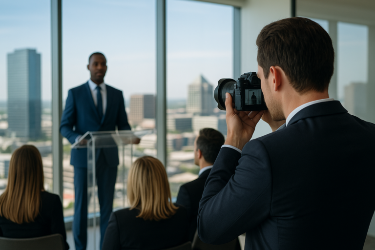 A man in a suit speaks at a podium in front of an audience, while another man captures the moment—showcasing Corporate Event Photography—in a modern Frisco, Texas office with large windows overlooking a cityscape.