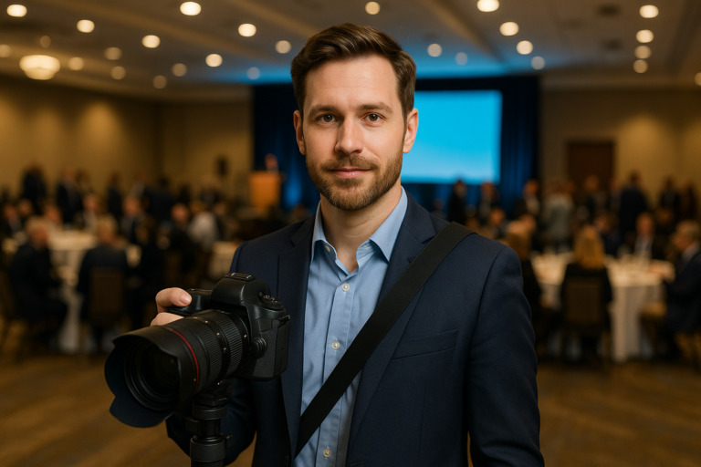 A man in a suit holding a camera stands in a conference room, capturing moments for corporate event photography as people sit at round tables in the background—showcasing the professional scene in Frisco, Texas.