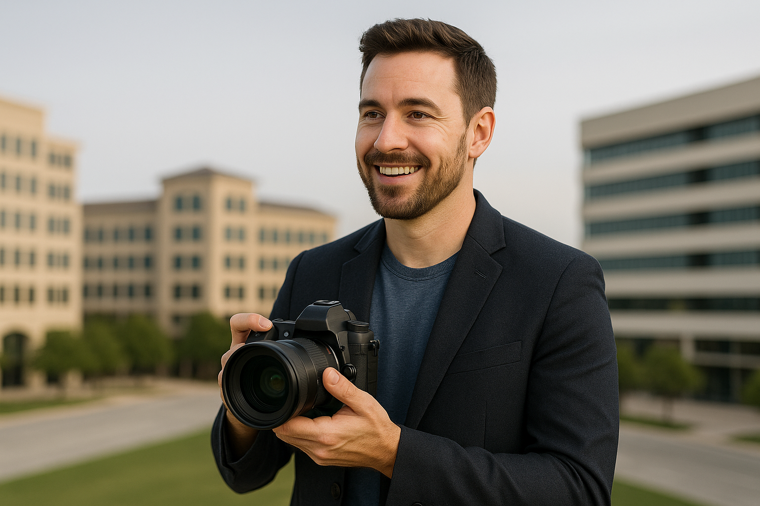 A man in a blazer stands outdoors in Frisco, Texas, holding a professional camera and smiling, with modern office buildings in the background—perfectly capturing the spirit of event photography.