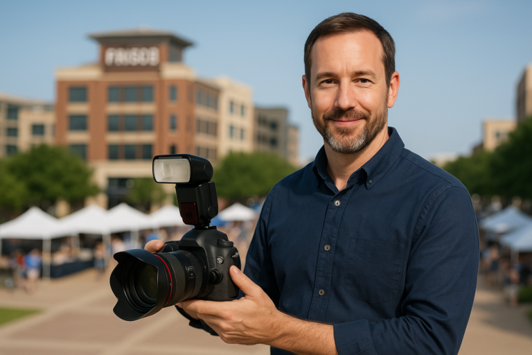 A man in a blue shirt holding a professional camera stands outdoors at an event in Frisco, Texas, with tents and a multi-story building in the background, capturing the essence of event photography.