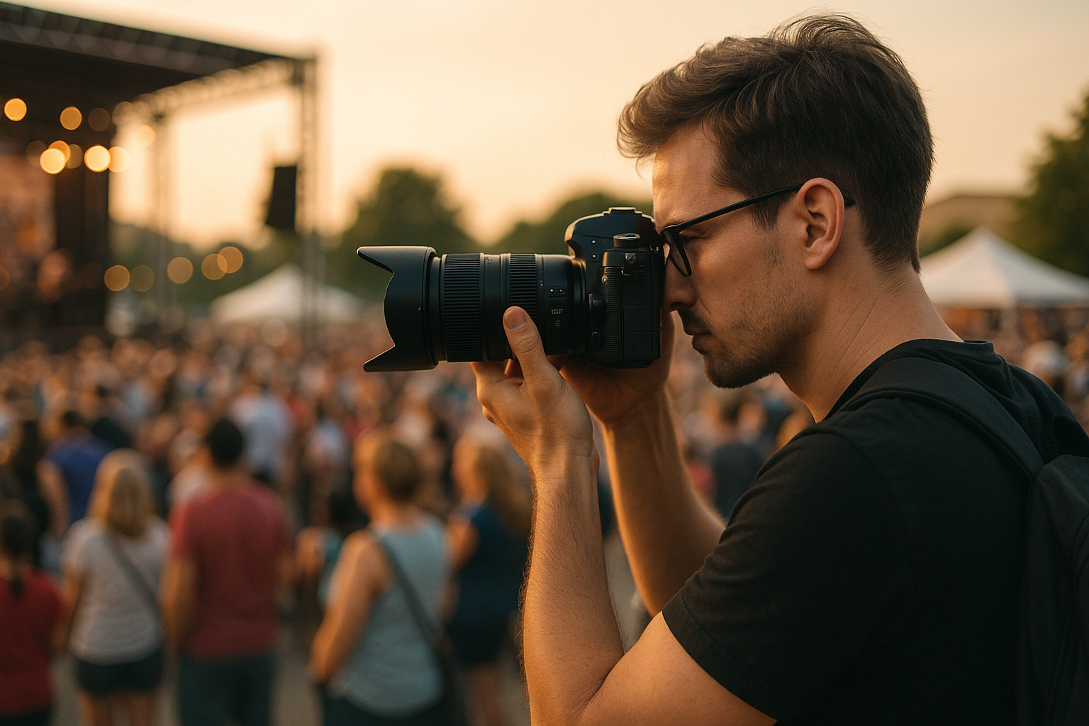 A man holding a camera takes photos at an outdoor event in Frisco, Texas, with a crowd and stage visible in the background during sunset—capturing the perfect moment of event photography.