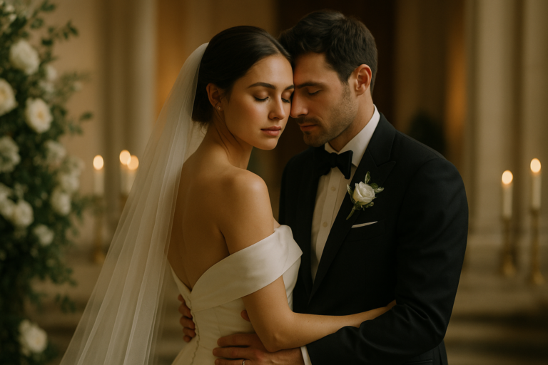 A bride and groom embrace closely in formal wedding attire, capturing one of their unforgettable wedding moments amid soft lighting and elegant floral decorations.
