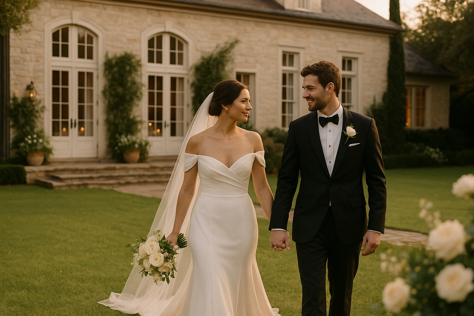 A bride in an off-shoulder white gown and a groom in a black tuxedo hold hands and smile at each other while walking outside a stone building—capturing the kind of moment you want when learning how to choose a wedding photographer in Frisco.