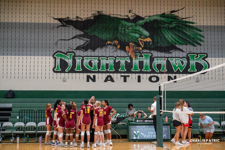 A girls’ volleyball team in red uniforms huddles on a gym court beneath a mural reading "NIGHTHAWK NATION," with a green nighthawk graphic—an ideal moment to capture with the best lenses for sports photography.