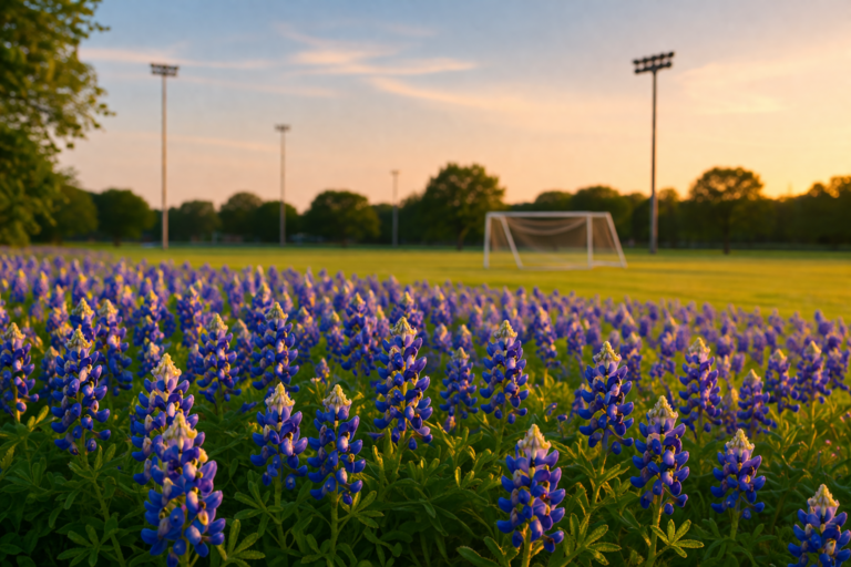A vibrant field of bluebonnets blooms in front of a soccer goal and light poles at a park, bathed in the warm glow of sunset.