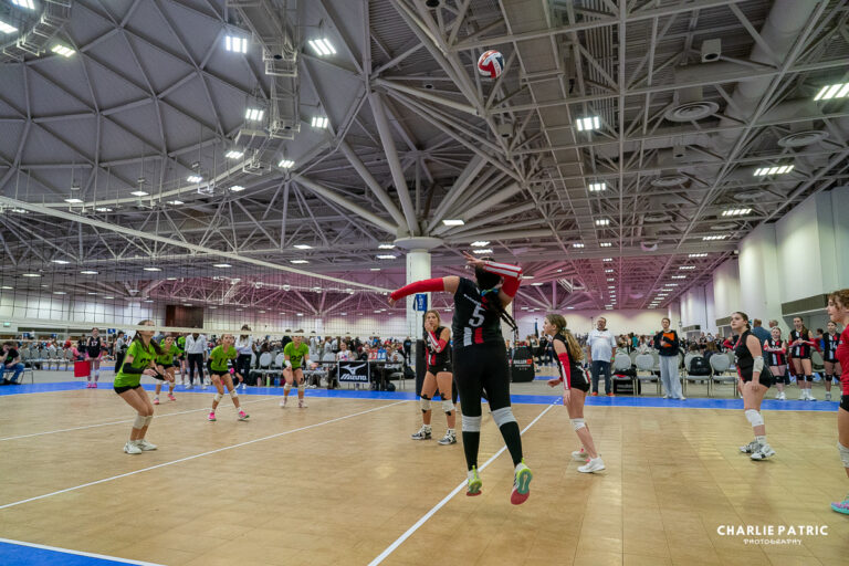 A volleyball player jumps to spike the ball over the net while both teams, wearing green and black uniforms, prepare on an indoor court under bright overhead lights—an exciting moment perfect for editing sports photos.