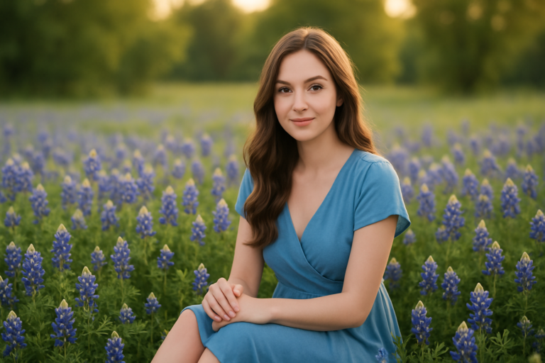 A woman with long brown hair in a blue dress sits among vibrant bluebonnet blooms in a field, with green trees and soft sunlight in the background.