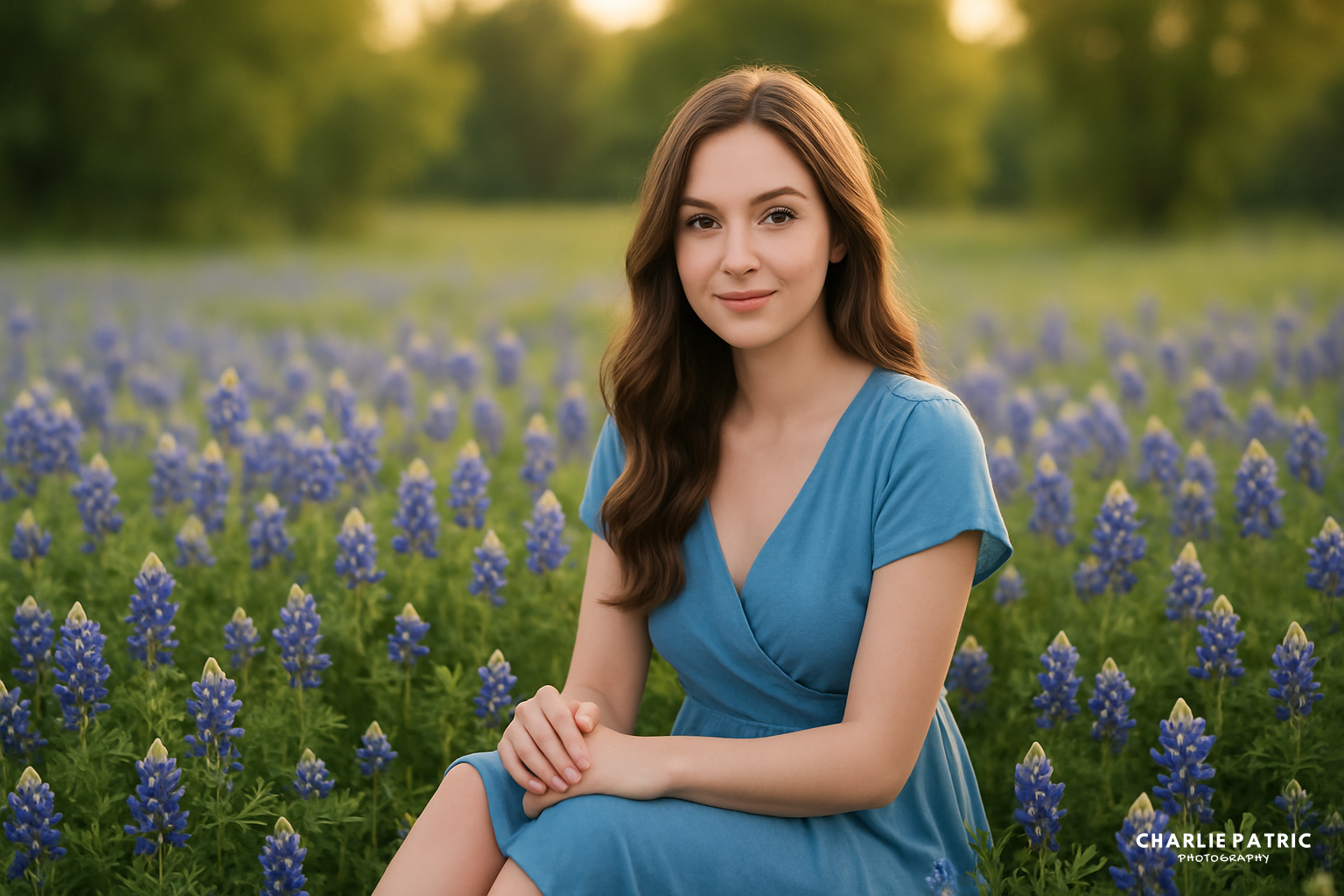 A woman with long brown hair in a blue dress sits among vibrant bluebonnet blooms in a field, with green trees and soft sunlight in the background.
