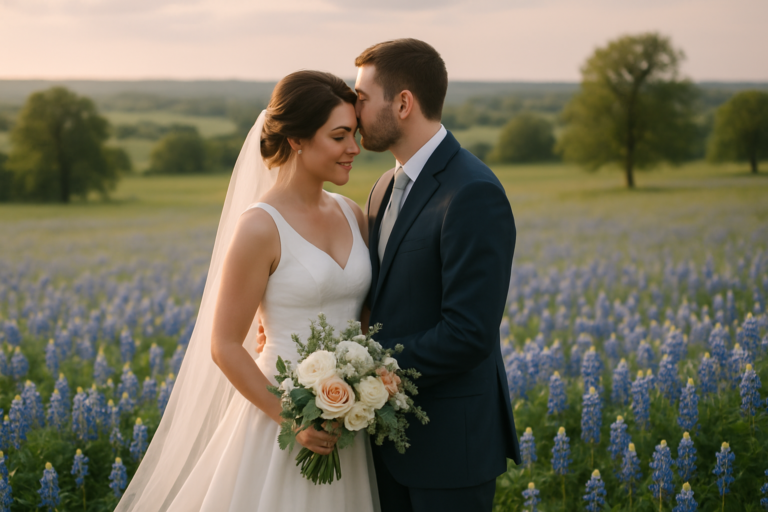 A bride and groom stand in a field of bluebonnets; the groom kisses the bride's forehead as she holds a bouquet of white and blush flowers, surrounded by the vibrant beauty of blooming bluebonnet blossoms.
