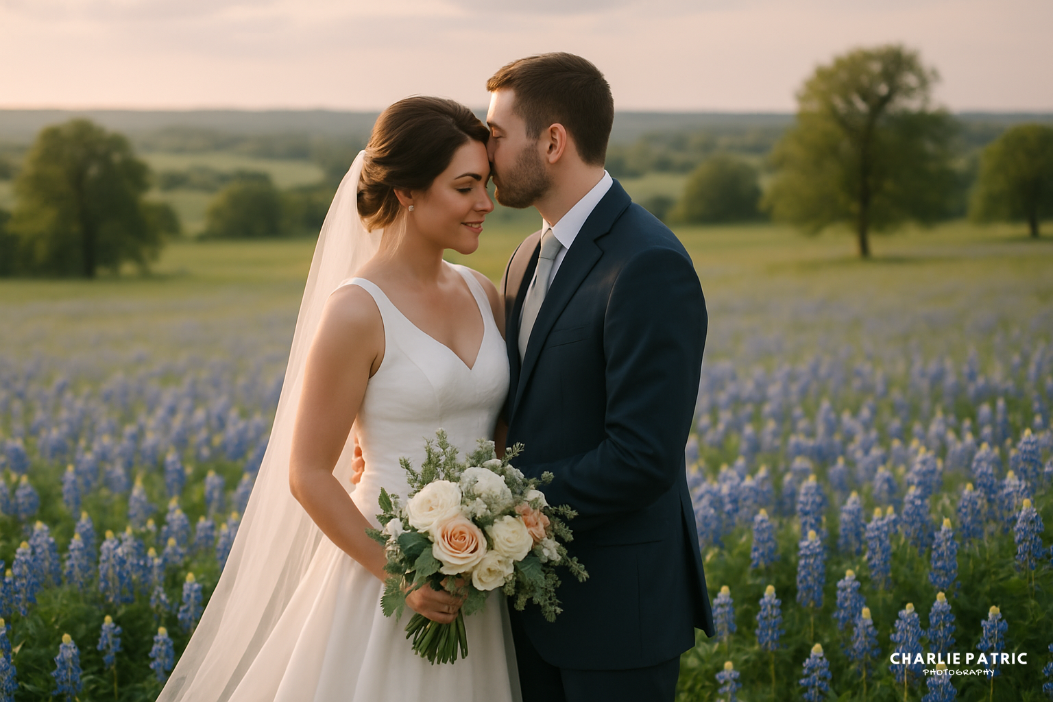 A bride and groom stand in a field of bluebonnets; the groom kisses the bride's forehead as she holds a bouquet of white and blush flowers, surrounded by the vibrant beauty of blooming bluebonnet blossoms.