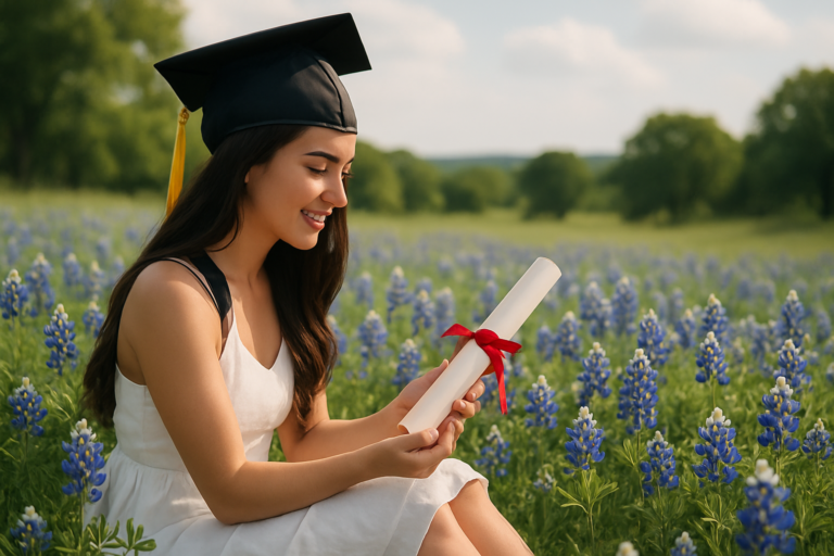A young woman in a graduation cap and white dress sits in a field of bluebonnets, smiling as she looks at a rolled diploma tied with a red ribbon.