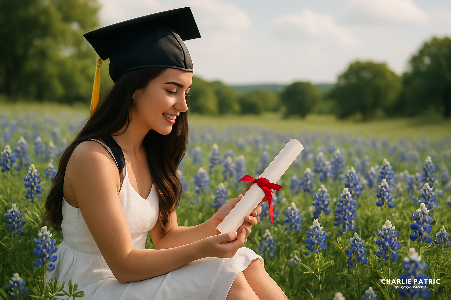 A young woman in a graduation cap and white dress sits in a field of bluebonnets, smiling as she looks at a rolled diploma tied with a red ribbon.
