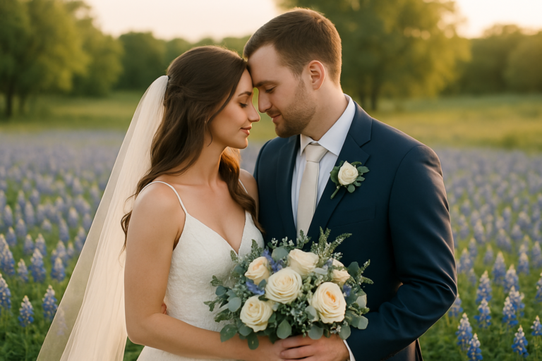A bride and groom stand close together in a field of purple bluebonnet flowers, with the bride holding a bouquet of white roses and greenery, both dressed in formal wedding attire.