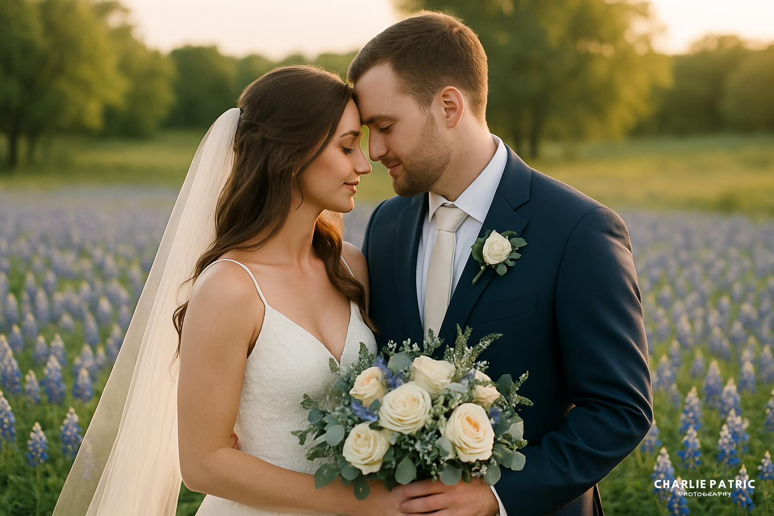 A bride and groom stand close together in a field of purple bluebonnet flowers, with the bride holding a bouquet of white roses and greenery, both dressed in formal wedding attire.
