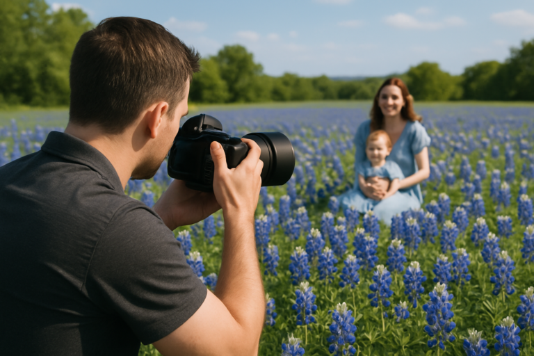 A man takes a photo of a woman and child sitting together in a sun-drenched field filled with blooming bluebonnet flowers.