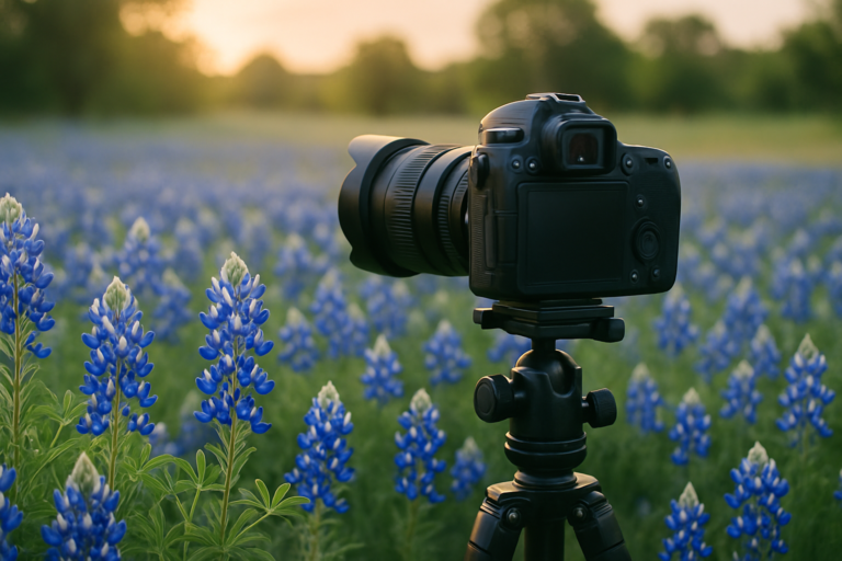 A digital camera on a tripod is set up in a field of blooming bluebonnet flowers during sunset, capturing the vibrant beauty of the iconic bluebonnet landscape.
