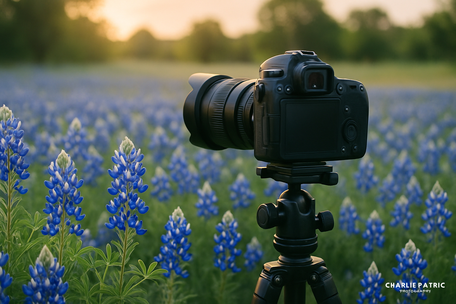 A digital camera on a tripod is set up in a field of blooming bluebonnet flowers during sunset, capturing the vibrant beauty of the iconic bluebonnet landscape.