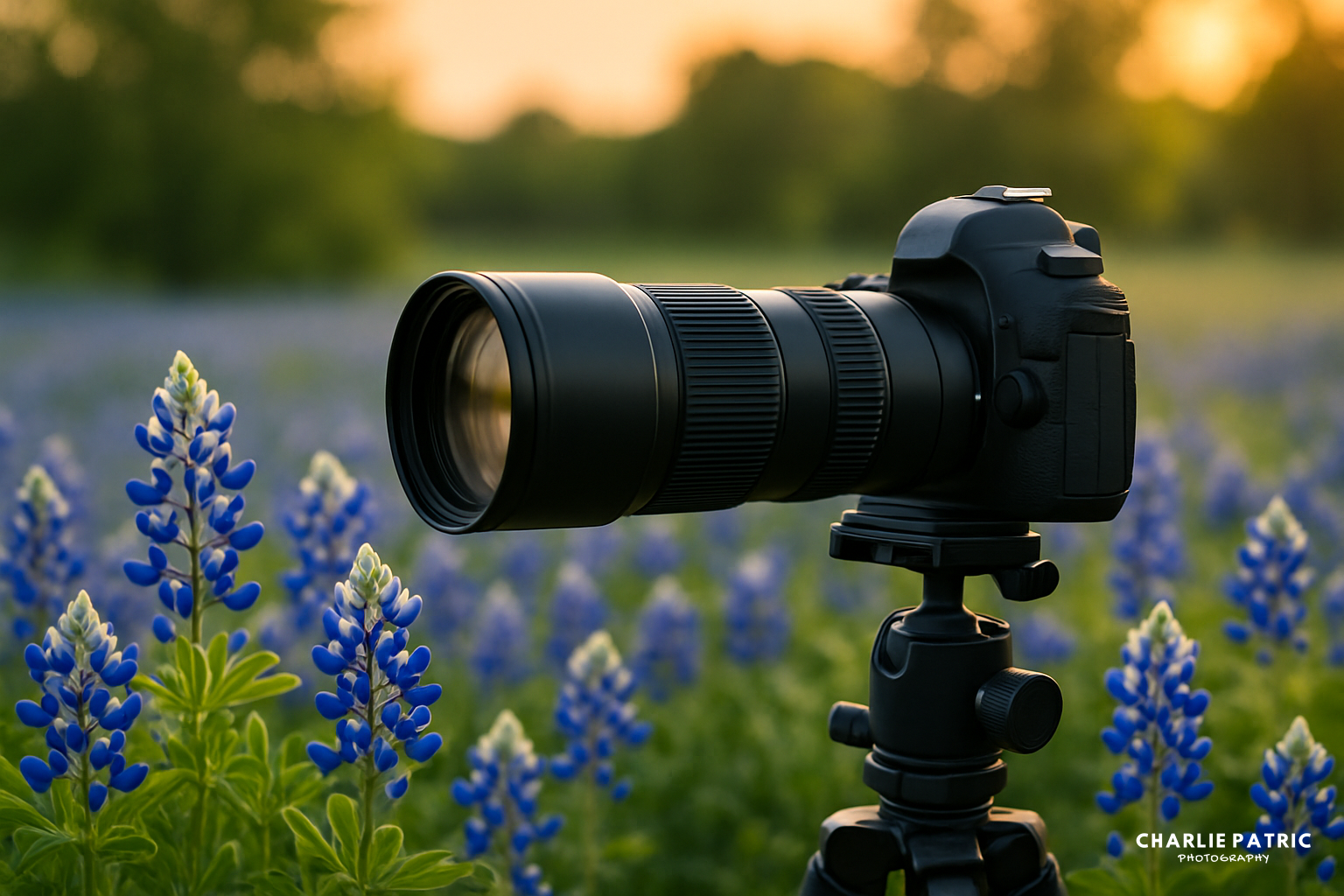 A DSLR camera on a tripod stands in a field of vibrant bluebonnet flowers, their rich hues creating a stunning contrast against the blurred green and orange background.
