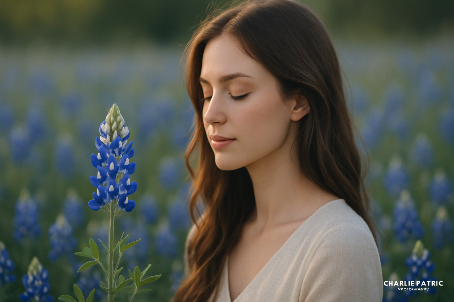 A woman with long brown hair stands in a field of bluebonnets, eyes closed, while a single bluebonnet flower is in sharp focus in the foreground.