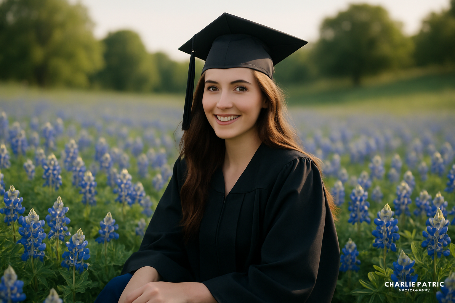 A young woman in a graduation cap and gown sits amid blooming bluebonnets, smiling at the camera. Trees and greenery create a lush backdrop for this cheerful, bluebonnet-filled moment.