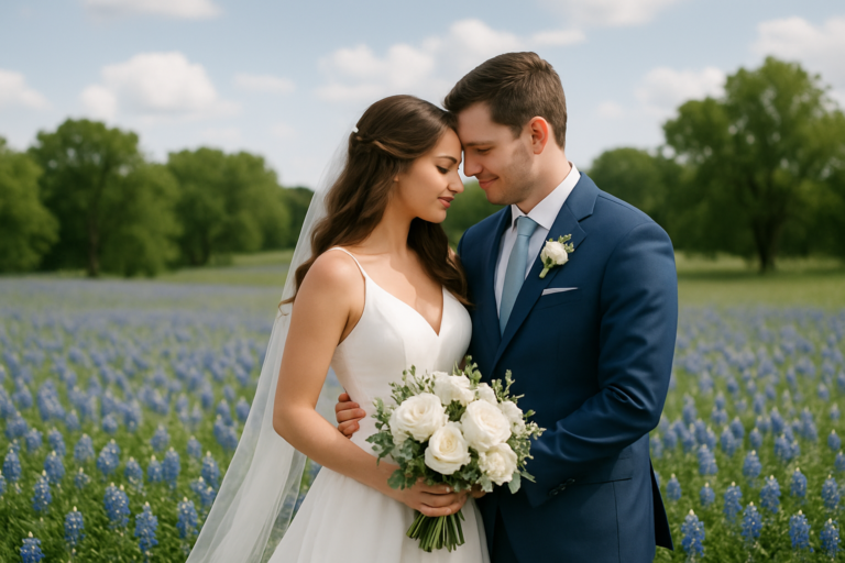 A bride and groom stand close together in a field of bluebonnet flowers, with the bride holding a white bouquet. Trees and a partly cloudy sky are in the background.