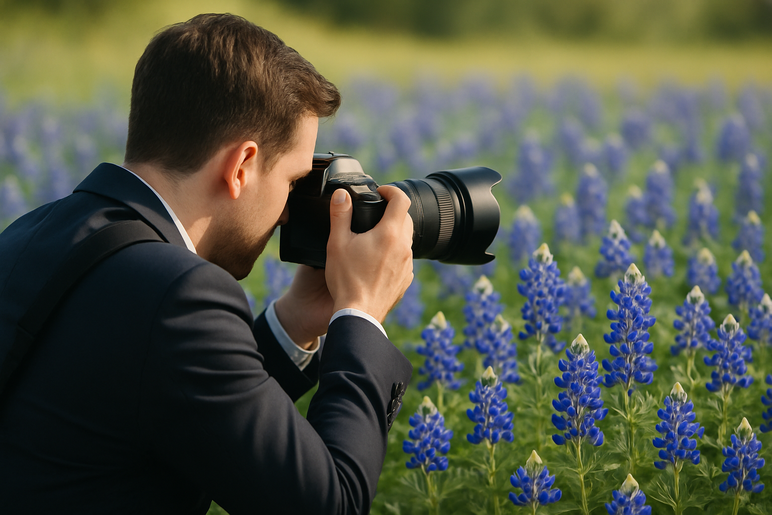 A man in a suit takes a close-up photograph of vibrant bluebonnet flowers in a field.