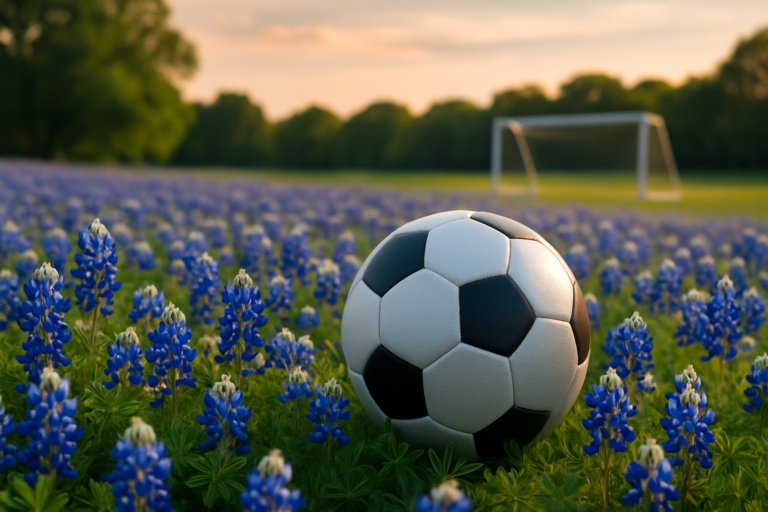 A black and white soccer ball rests among bluebonnets and blue wildflowers on a grassy field, with a goalpost in the background and trees in the distance.