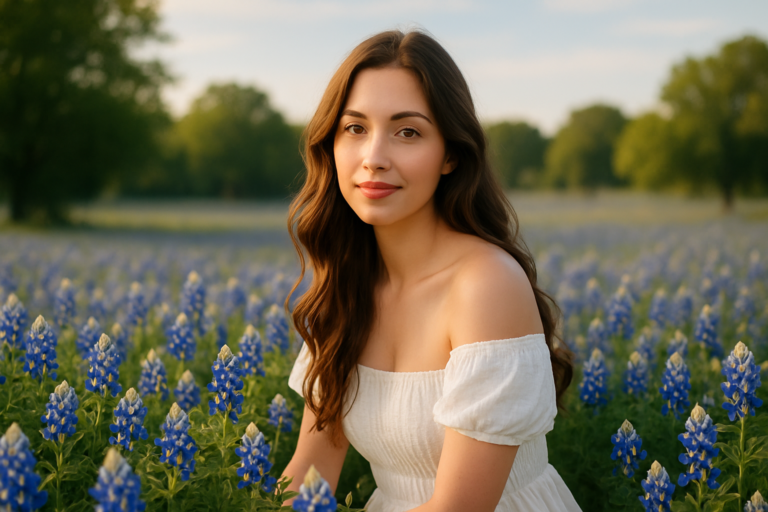 A woman in a white off-shoulder dress sits amidst a bluebonnet field, surrounded by green trees and a clear sky in the background.