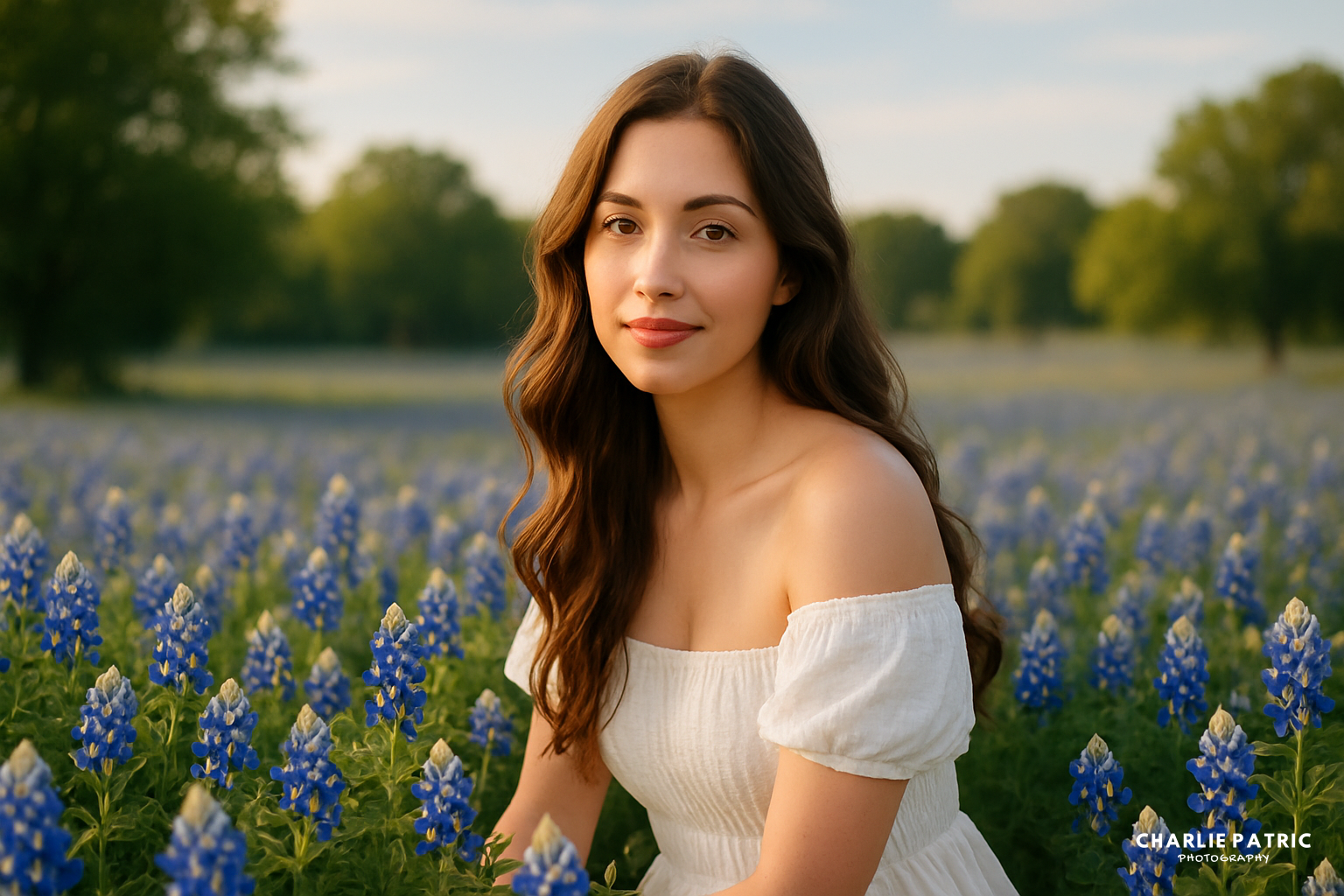 A woman in a white off-shoulder dress sits amidst a bluebonnet field, surrounded by green trees and a clear sky in the background.