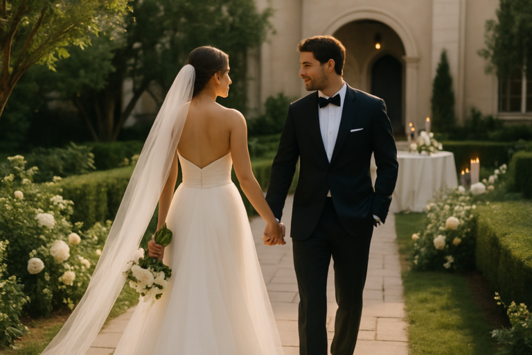 A bride and groom in formal attire hold hands and walk down a garden path, surrounded by greenery and white flowers, with a building in the background—a perfect moment for your wedding photography shot list.