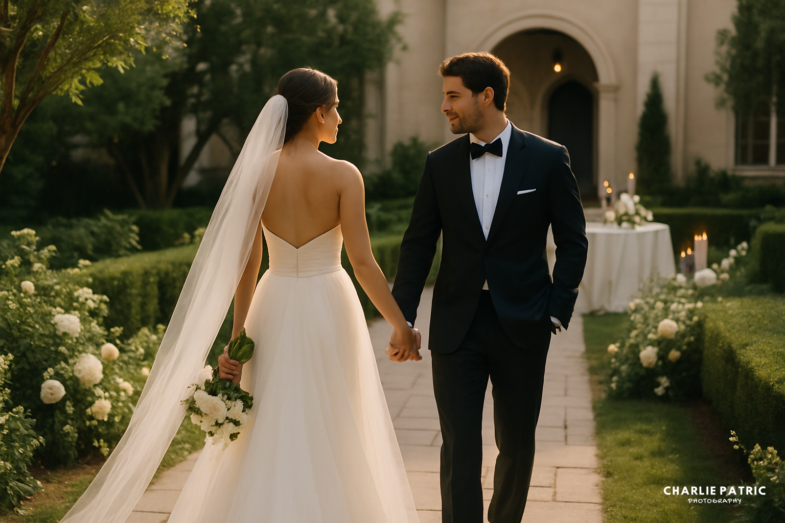 A bride and groom in formal attire hold hands and walk down a garden path, surrounded by greenery and white flowers, with a building in the background—a perfect moment for your wedding photography shot list.