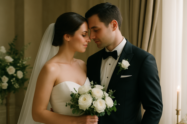 A bride and groom in formal wedding attire stand close together indoors, the bride holding a bouquet of white roses and greenery, with floral decorations and a curtain in the background—perfect for any wedding photography shot list.
