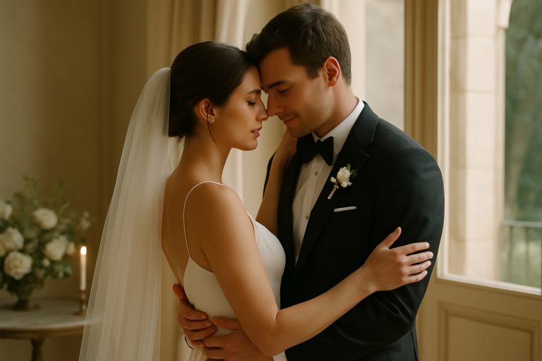 A bride in a white dress and veil and a groom in a black tuxedo stand close together indoors, gently embracing with eyes closed—a timeless moment perfect for any wedding photography shot list.