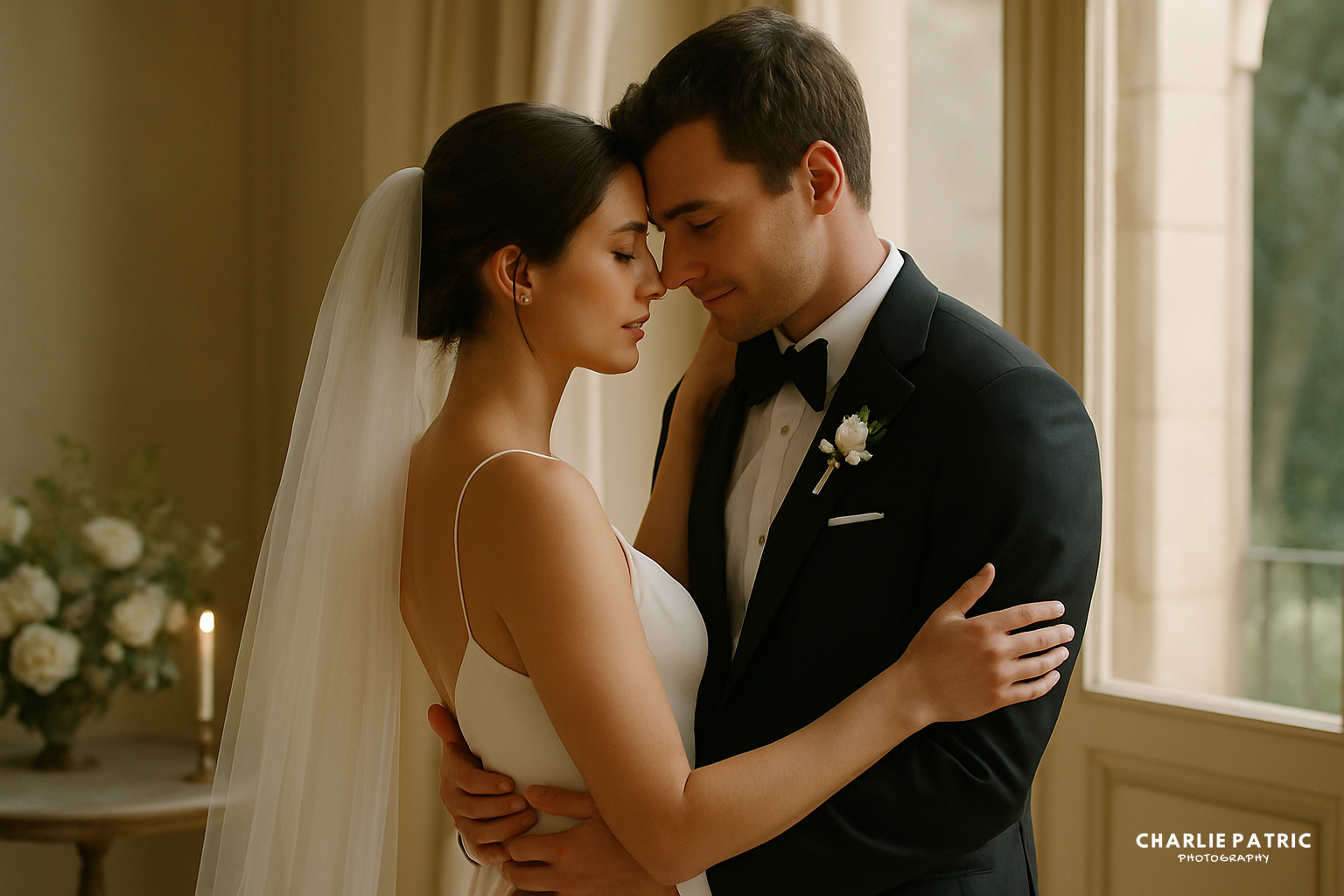 A bride in a white dress and veil and a groom in a black tuxedo stand close together indoors, gently embracing with eyes closed—a timeless moment perfect for any wedding photography shot list.