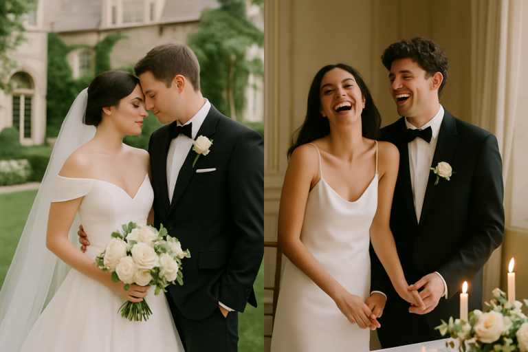 Two couples showcase creative wedding photo ideas for couples: outdoors, a bride with her bouquet stands beside her groom; indoors, another couple shares a laugh near glowing candles.