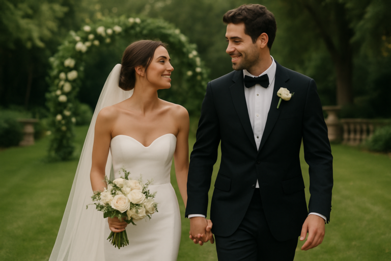A bride in a white gown and veil holds a bouquet, walking hand in hand with a groom in a black tuxedo outdoors, both smiling at each other—perfect inspiration for creative wedding photo ideas for couples.