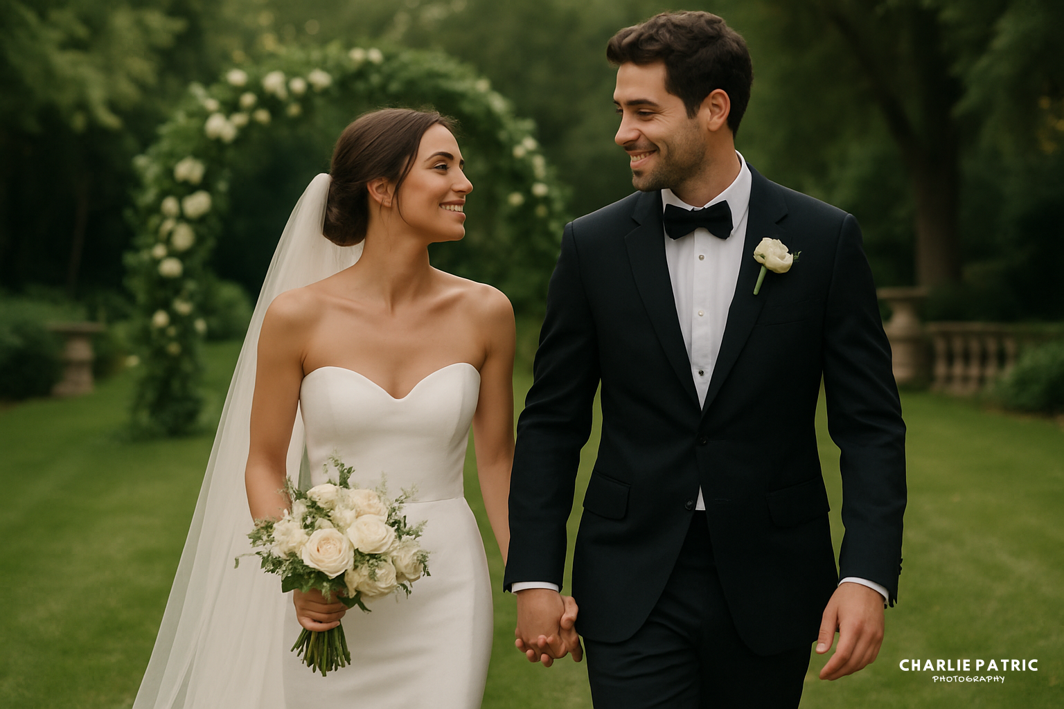 A bride in a white gown and veil holds a bouquet, walking hand in hand with a groom in a black tuxedo outdoors, both smiling at each other—perfect inspiration for creative wedding photo ideas for couples.