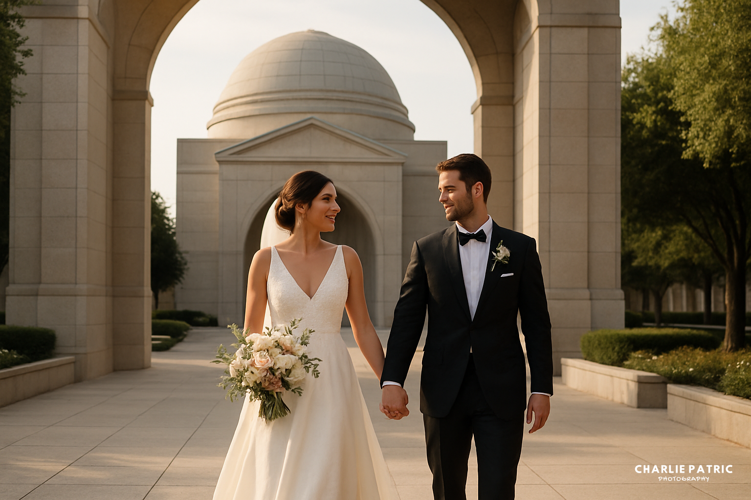 A bride and groom in formal wedding attire hold hands and walk outdoors near a domed stone building and arched structure, smiling at each other—one of many creative wedding photo ideas for couples seeking unique memories.