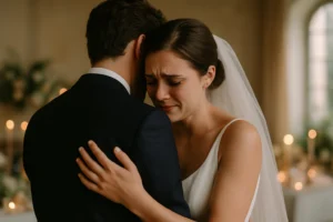 Capturing emotional wedding moments, a bride in a white dress and veil hugs a man in a dark suit, tears on her face. Candles and blurred decorations glow softly in the background.