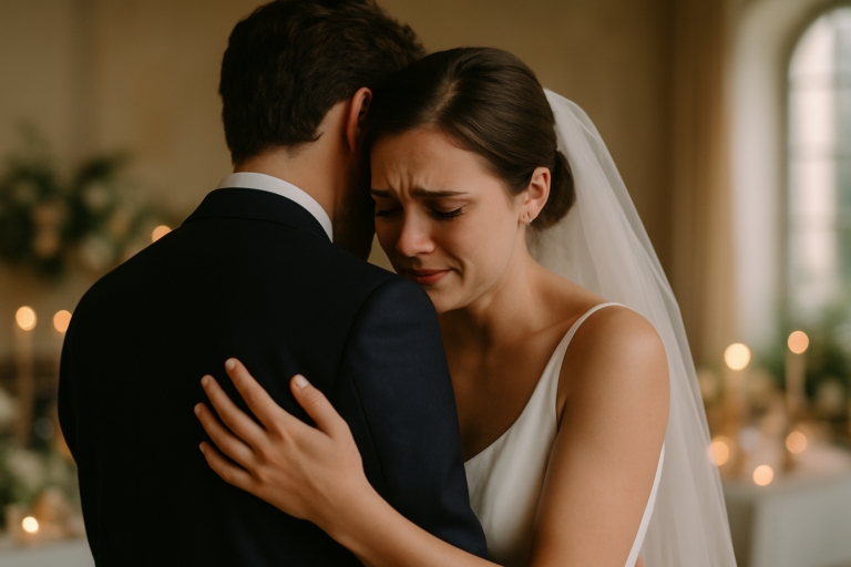 Capturing emotional wedding moments, a bride in a white dress and veil hugs a man in a dark suit, tears on her face. Candles and blurred decorations glow softly in the background.