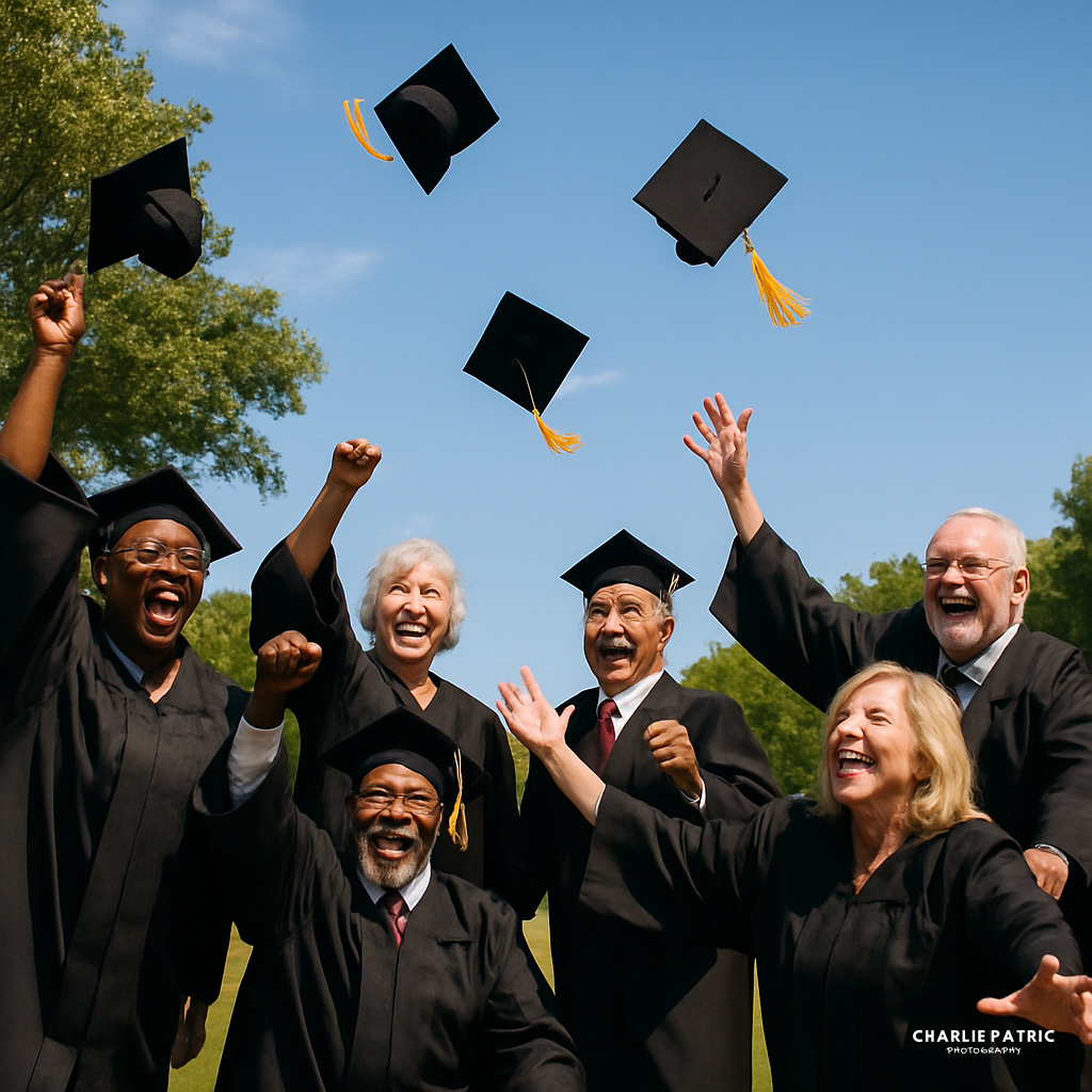 A group of older adults in graduation gowns and caps celebrate outdoors, smiling and throwing their caps into the air against a clear blue sky, showcasing joyful graduation photography poses.