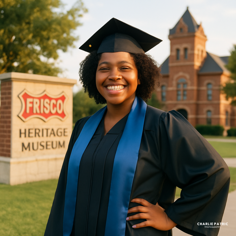 A graduate in cap and gown stands smiling in front of the Frisco Heritage Museum sign and building, showcasing classic senior graduation photography poses on a sunny day.
