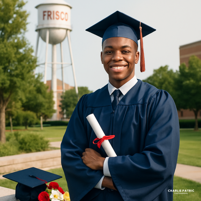 A young man in a graduation gown and cap holds a diploma and smiles outdoors, with a water tower labeled "Frisco" and trees in the background—showcasing one of the classic high school graduation photography poses.